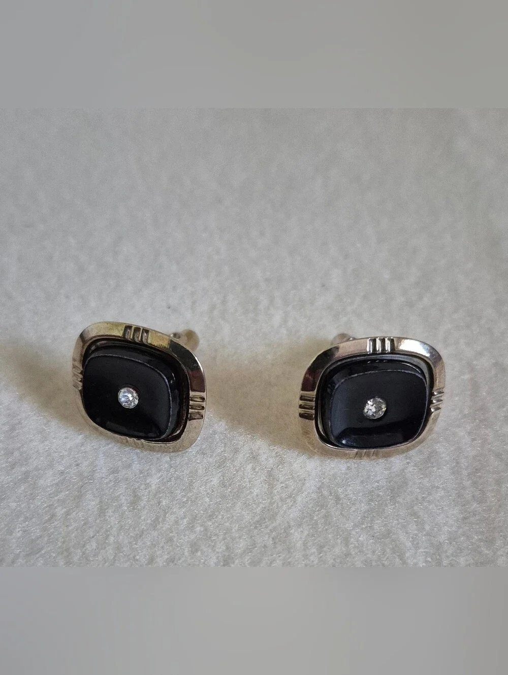 Vintage Cufflinks with Black Lucite and Rhinestone Silver Tone